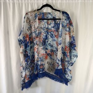 Chico's Wrap Cardigan Women's L XL White Floral Sheer Open Front Lightweight